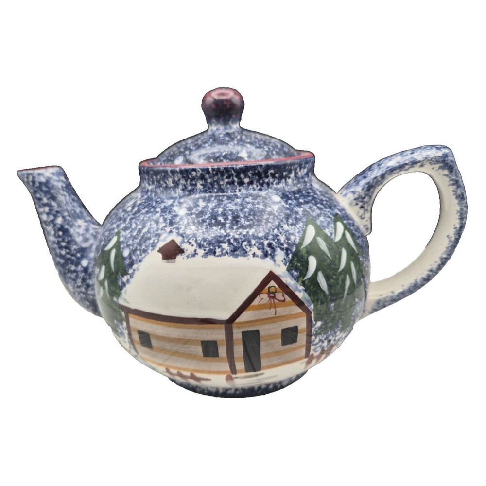 Vintage Cooks Bazaar Teapot Holly Mount Lodge Winter Cabin Ceramic Blue Teapot